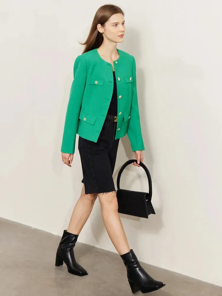 Minimalist Women's Jacket – Spring Collection, Elegant Round Neck, Straight Shoulder, Light Tuxedo-Style Short Coat
