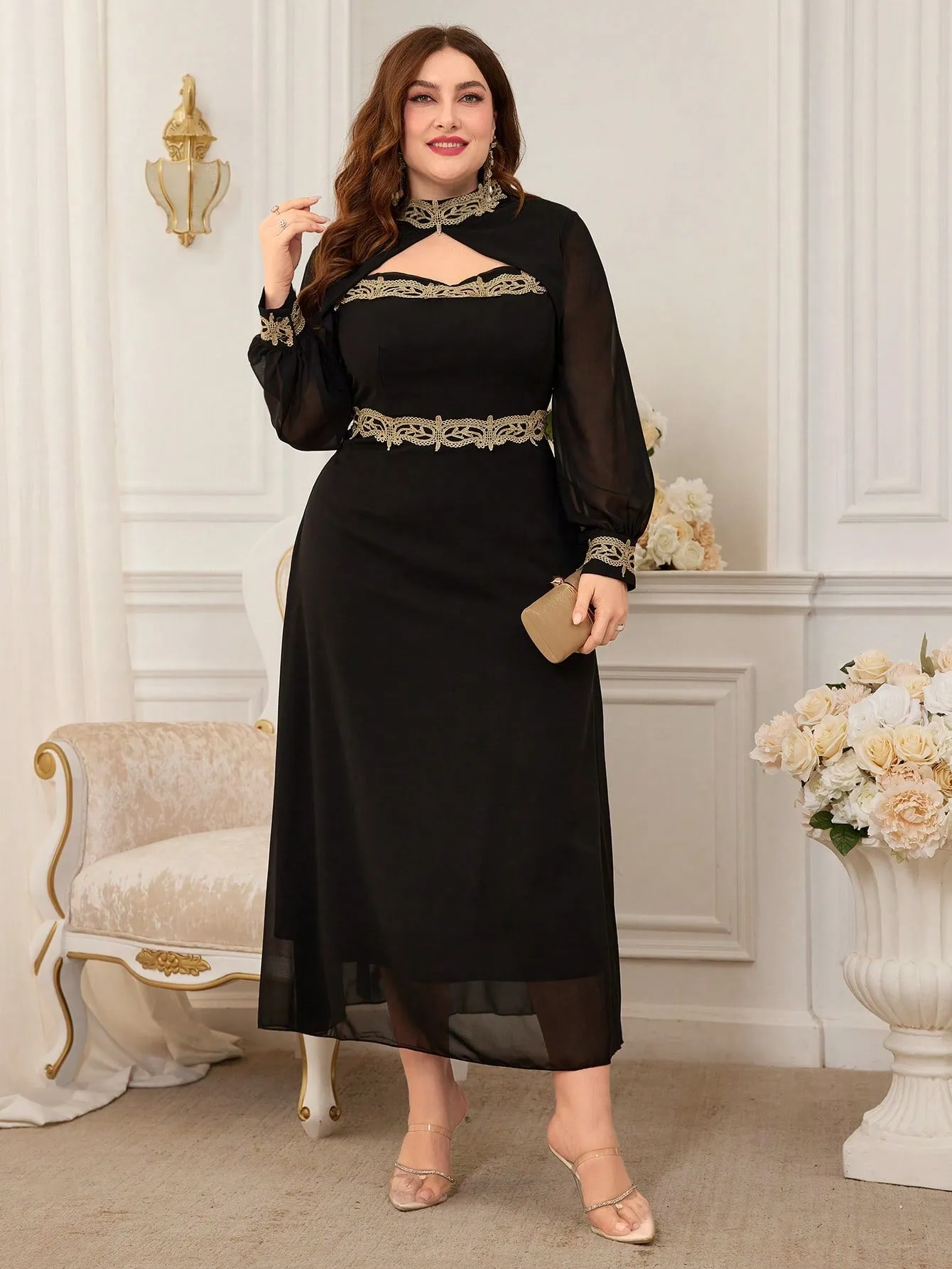 Modely Plus Size Women's Embroidered Hollow Out Design Dress