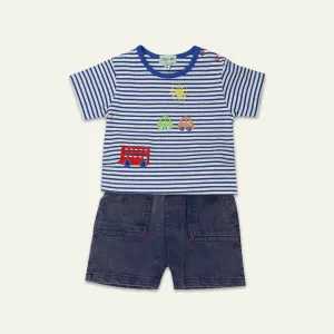 Navy Stripe Print Top And Short Set