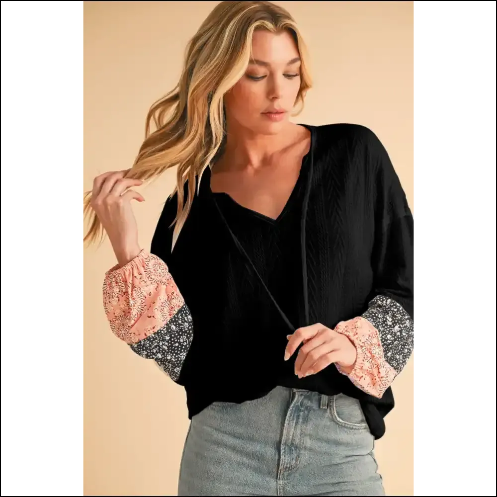 Needful Things: Chic Black Floral Patchwork v Neck Top -  Comfy! 💀🌸