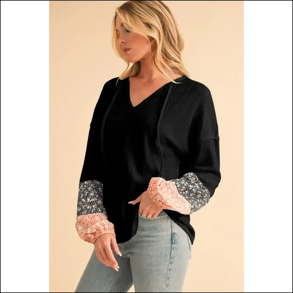 Needful Things: Chic Black Floral Patchwork v Neck Top -  Comfy! 💀🌸