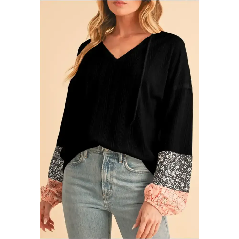 Needful Things: Chic Black Floral Patchwork v Neck Top -  Comfy! 💀🌸