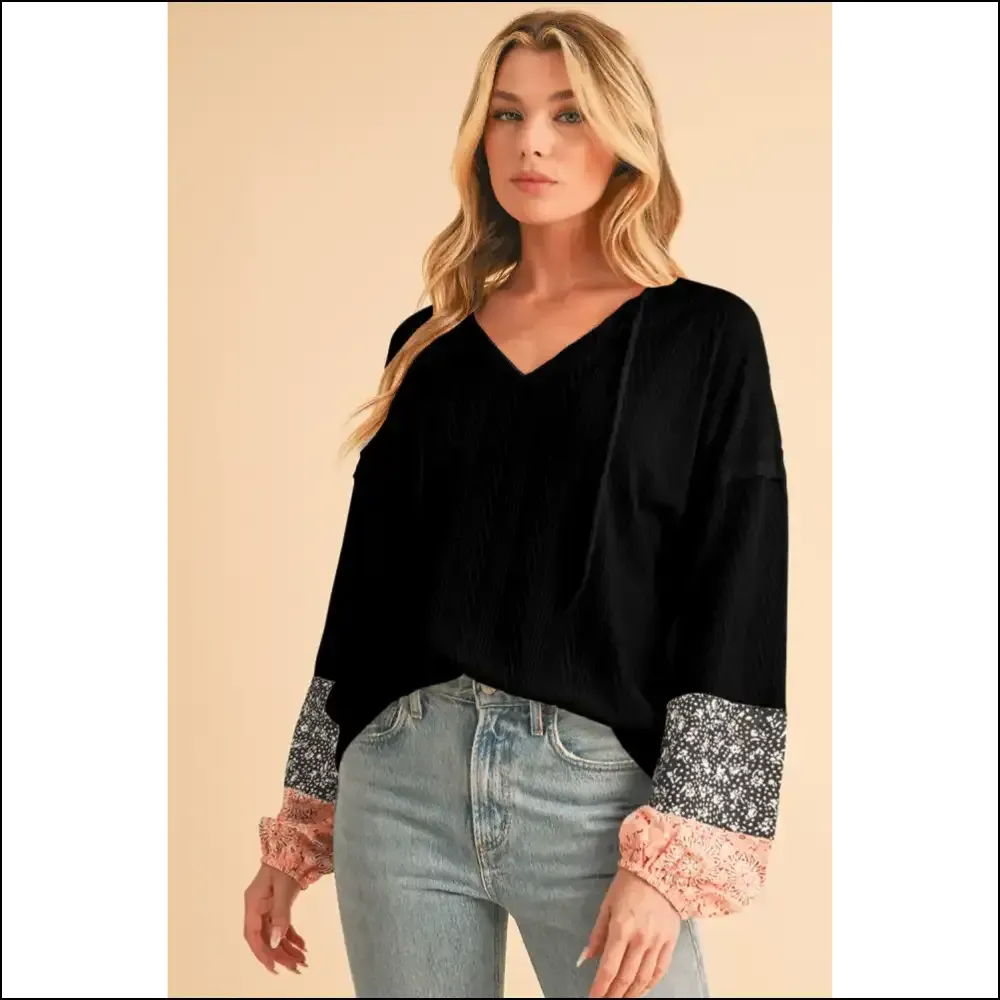 Needful Things: Chic Black Floral Patchwork v Neck Top -  Comfy! 💀🌸