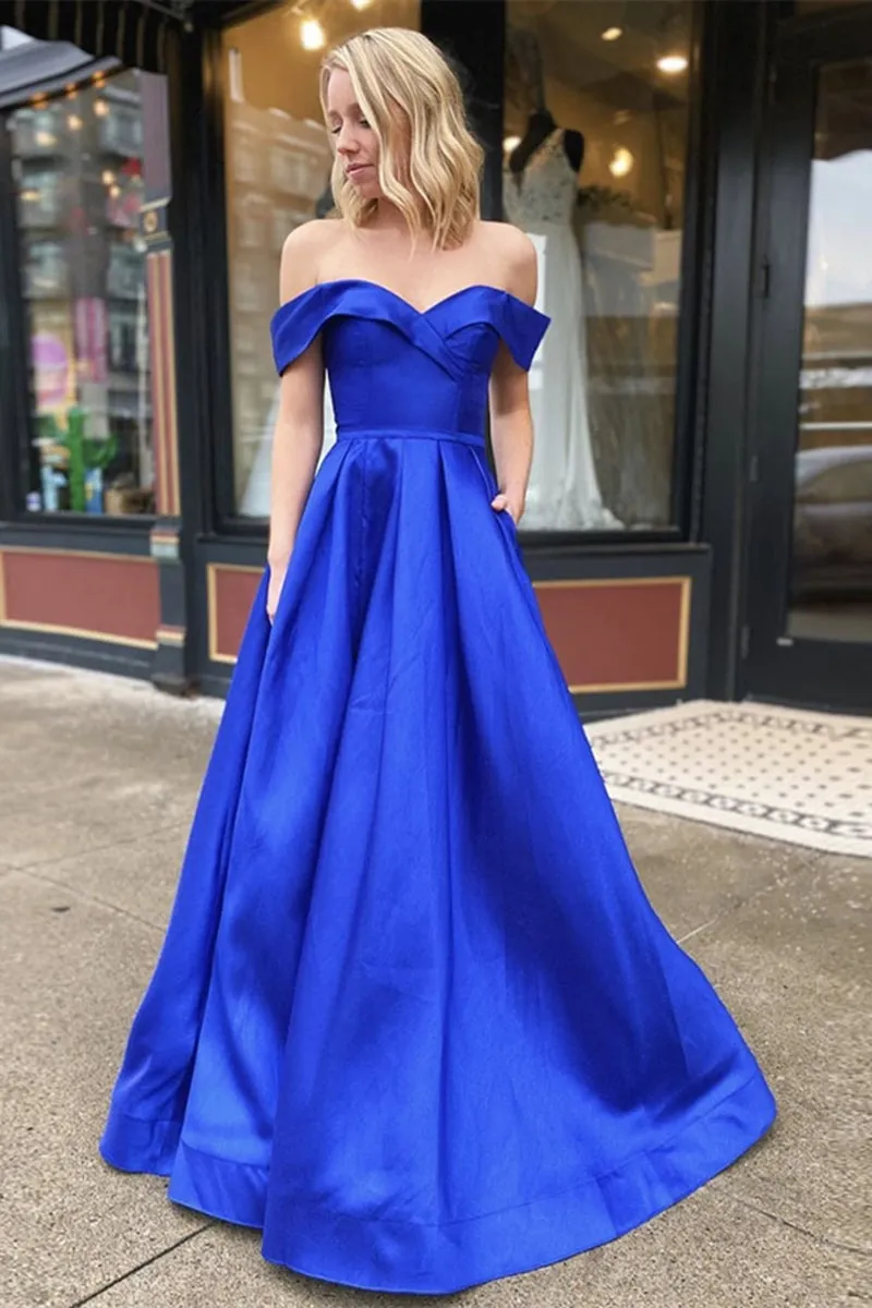 Off Shoulder Royal Blue Satin Long Prom Dress with Leg Slit, Off Shoulder Royal Blue Formal Graduation Evening Dress