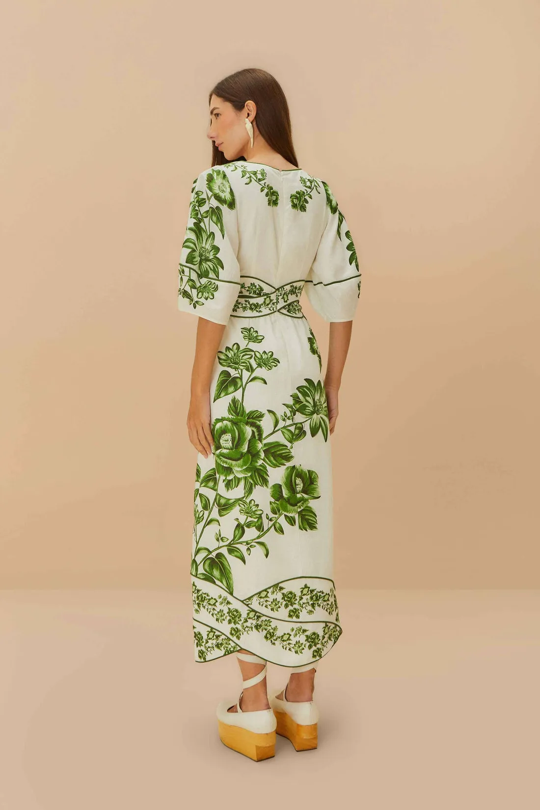 Off-White Green Floral Cascade Midi Dress