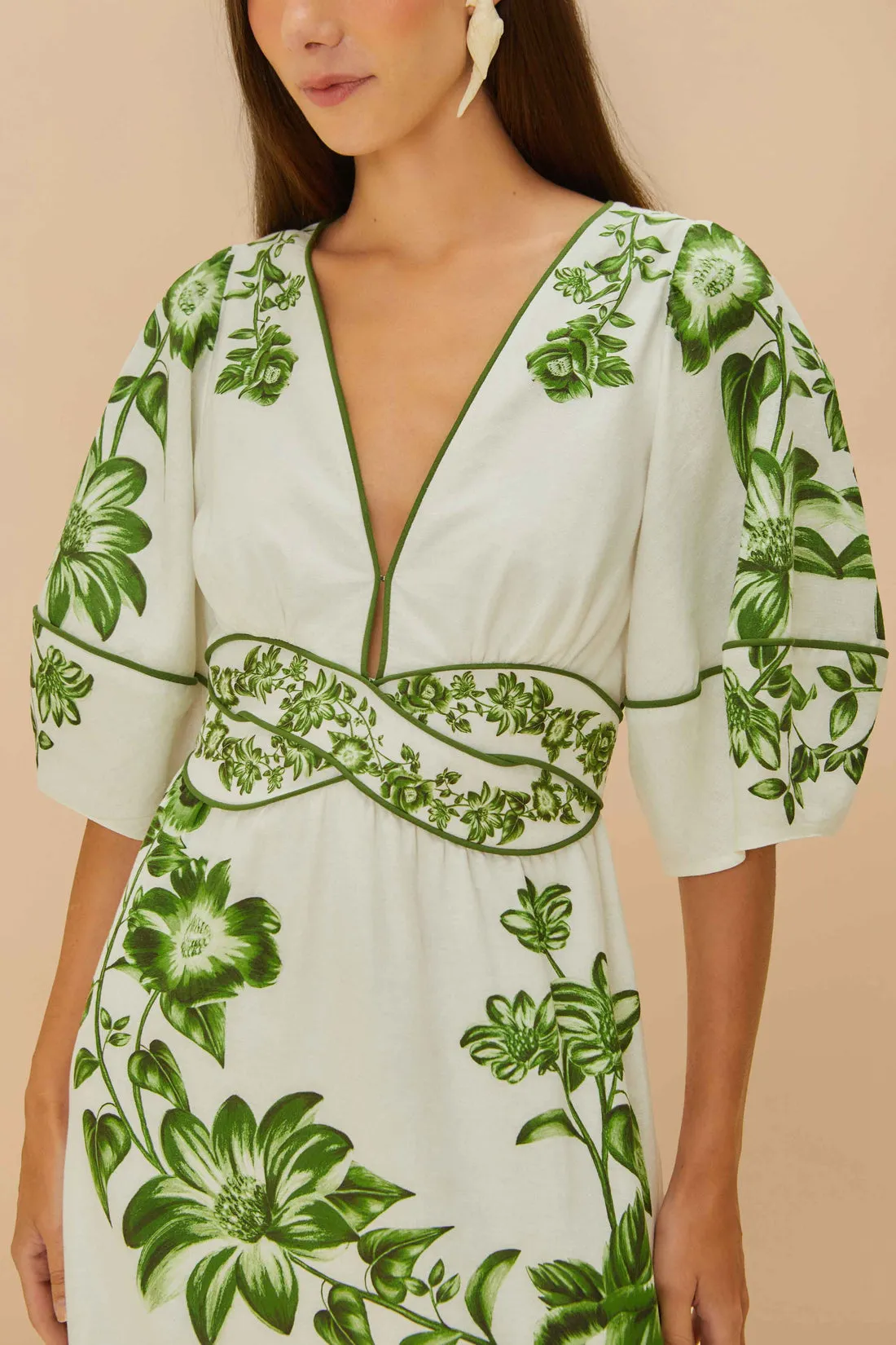 Off-White Green Floral Cascade Midi Dress