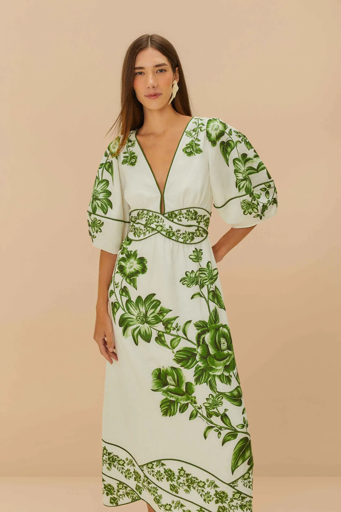 Off-White Green Floral Cascade Midi Dress