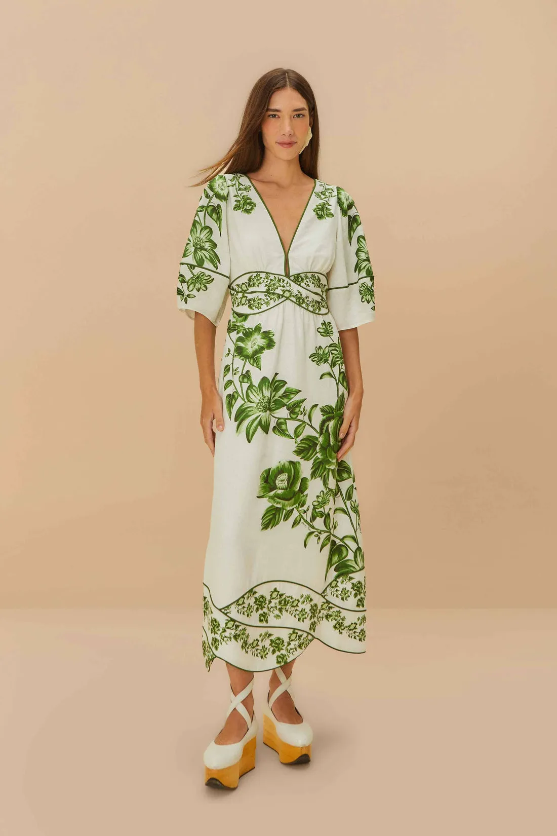 Off-White Green Floral Cascade Midi Dress