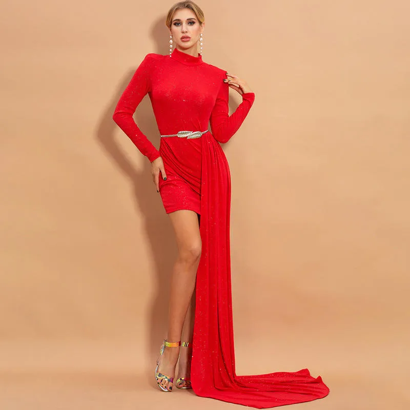 One Shoulder Long Sleeve Side Slit Dress