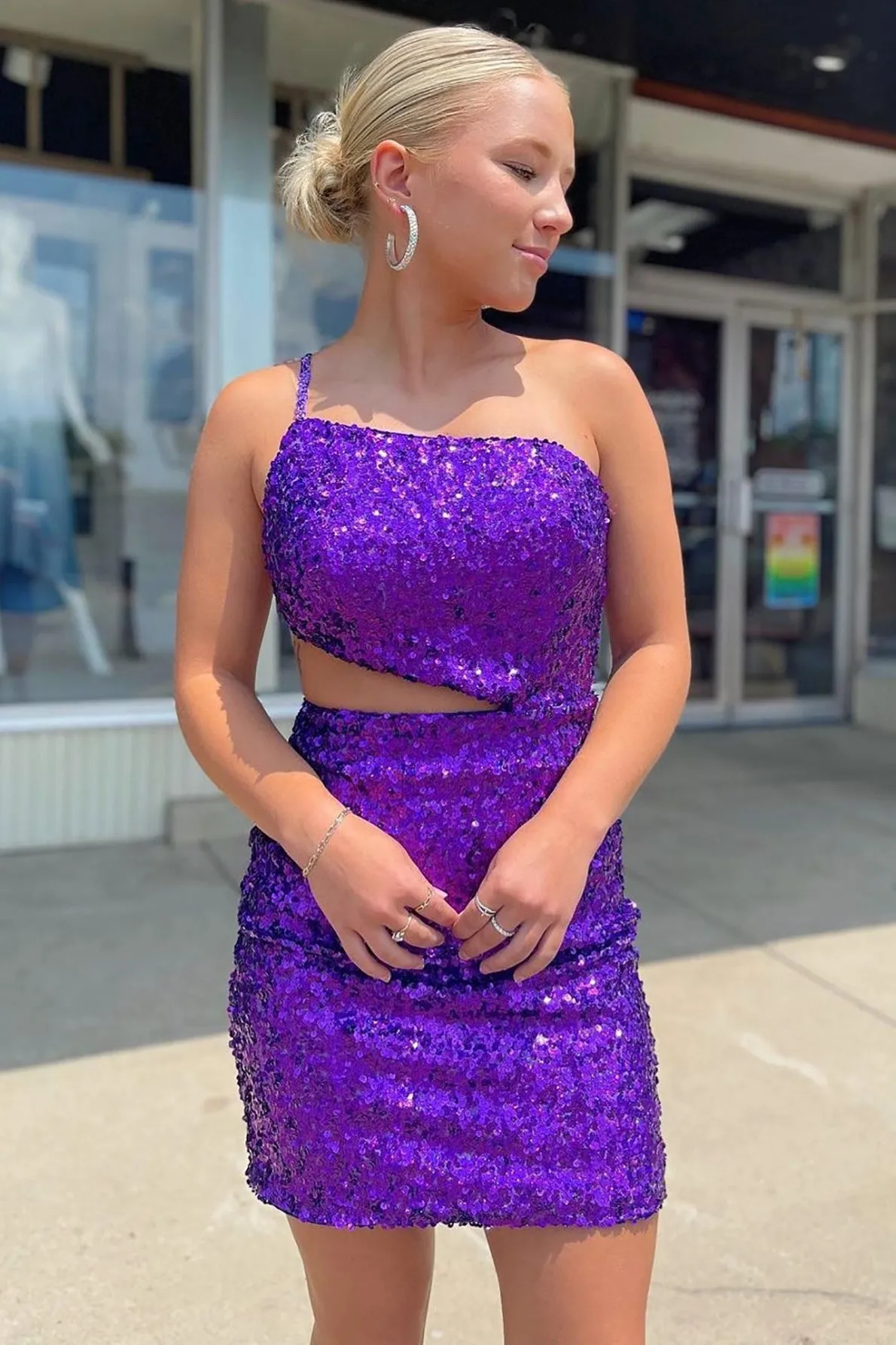 One Shoulder Purple Sequin Cutouts Tight Mini Dress