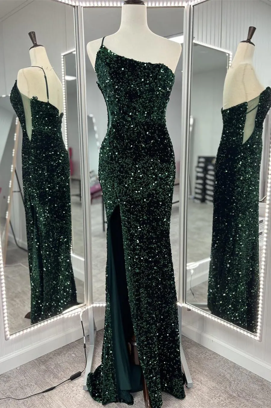One Shoulder Purple Sequin Mermaid Long Prom Dress