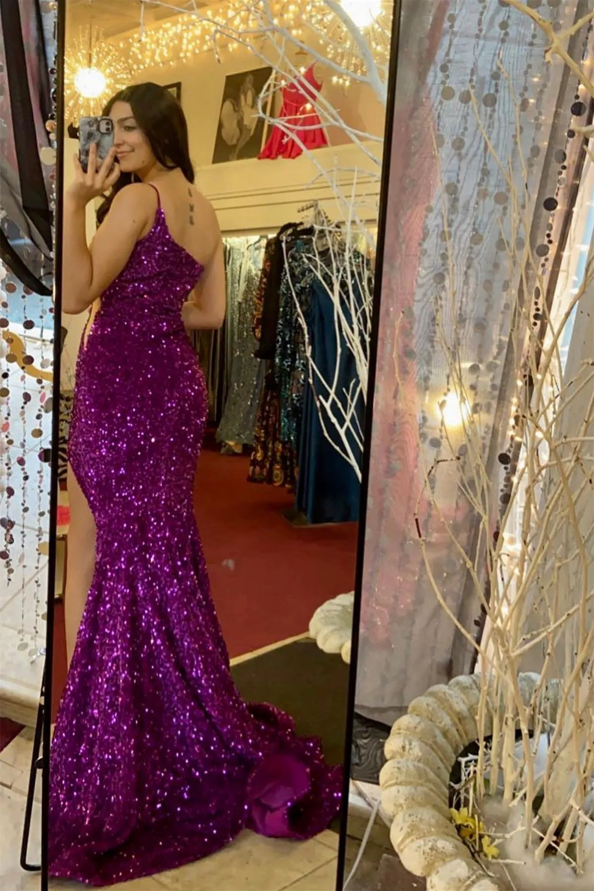 One Shoulder Purple Sequin Mermaid Long Prom Dress