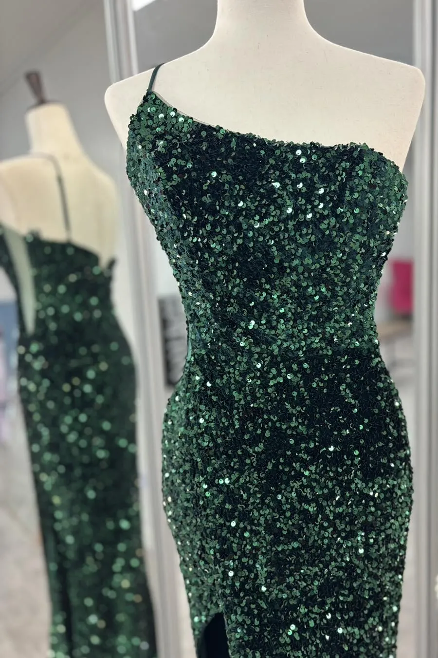 One Shoulder Purple Sequin Mermaid Long Prom Dress