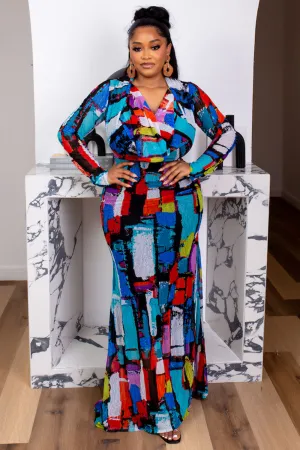Overlap V Neck Abstract Plaid Print Slim-Fit Maxi Dresses-Blue [Pre Order]