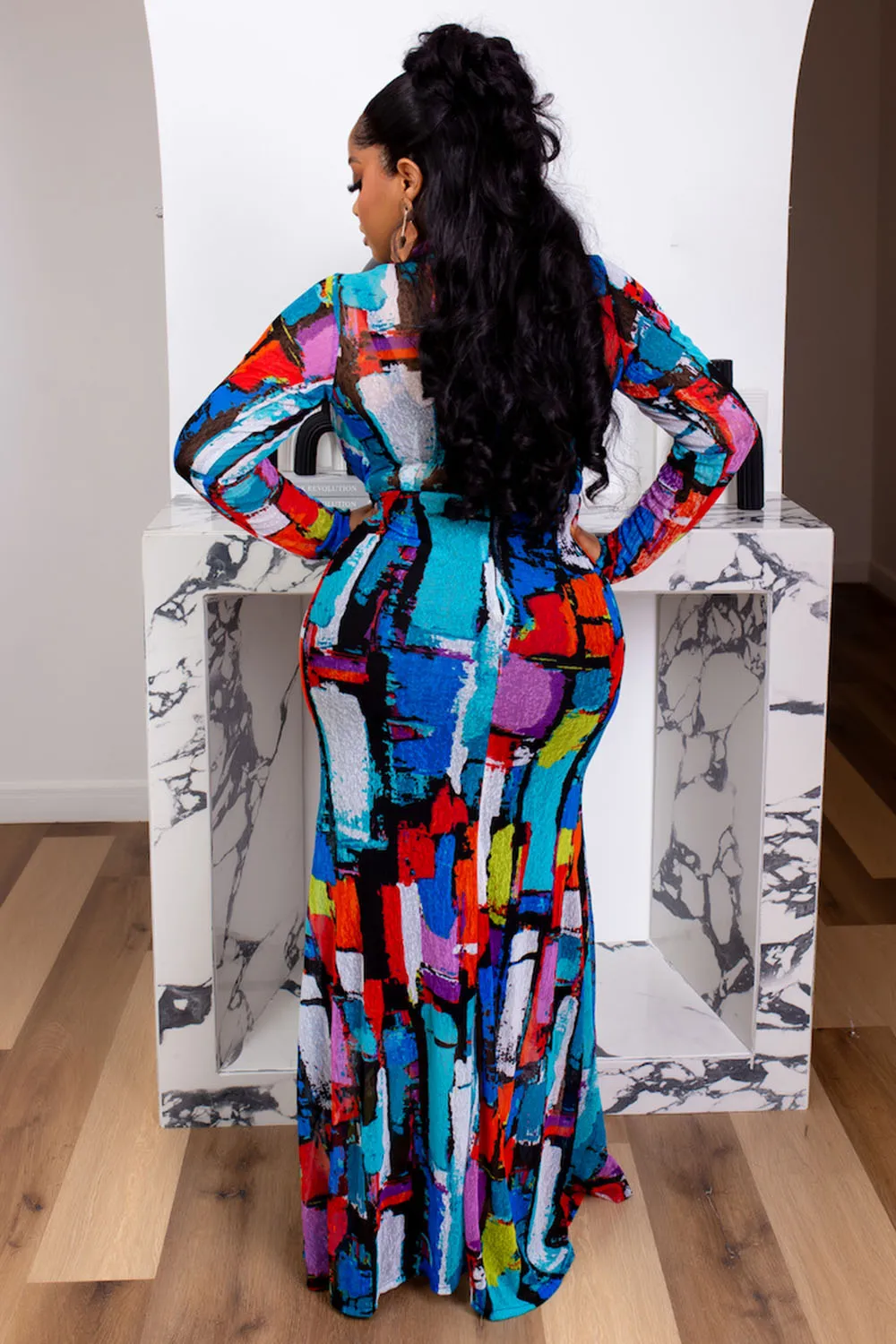 Overlap V Neck Abstract Plaid Print Slim-Fit Maxi Dresses-Blue [Pre Order]