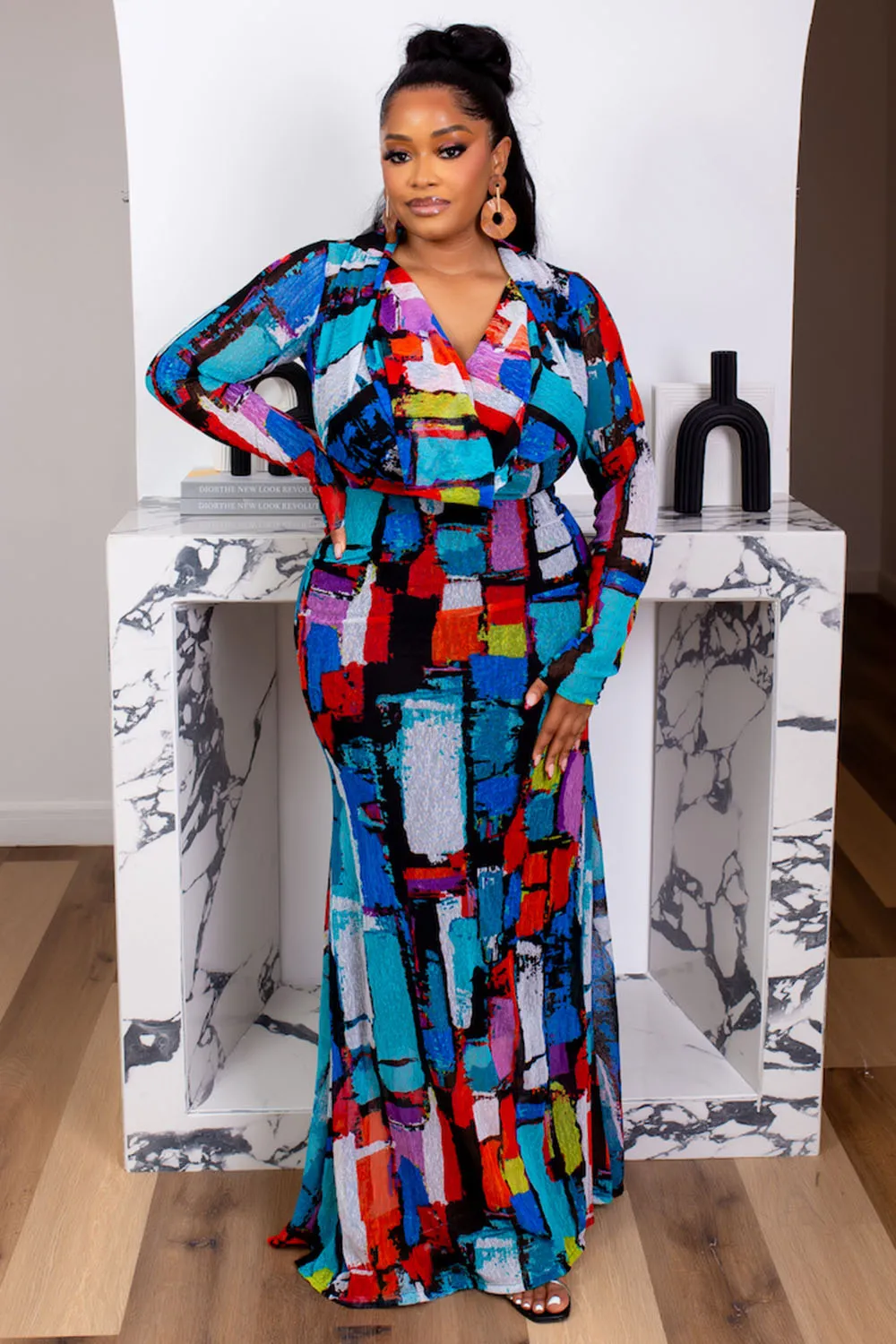 Overlap V Neck Abstract Plaid Print Slim-Fit Maxi Dresses-Blue [Pre Order]