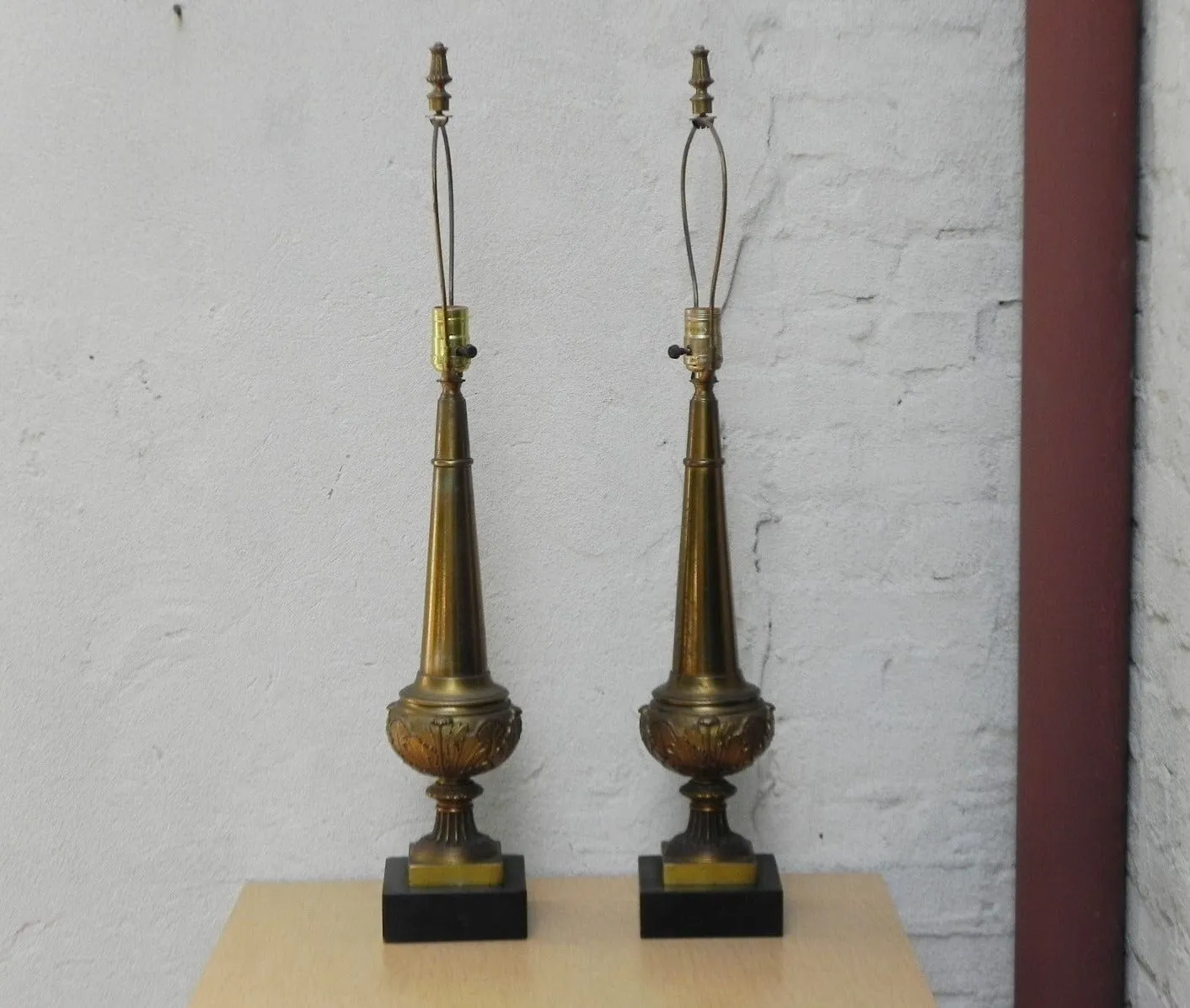 Pair Stiffel Cast Brass Neo Classical Obelisk Table Lamps