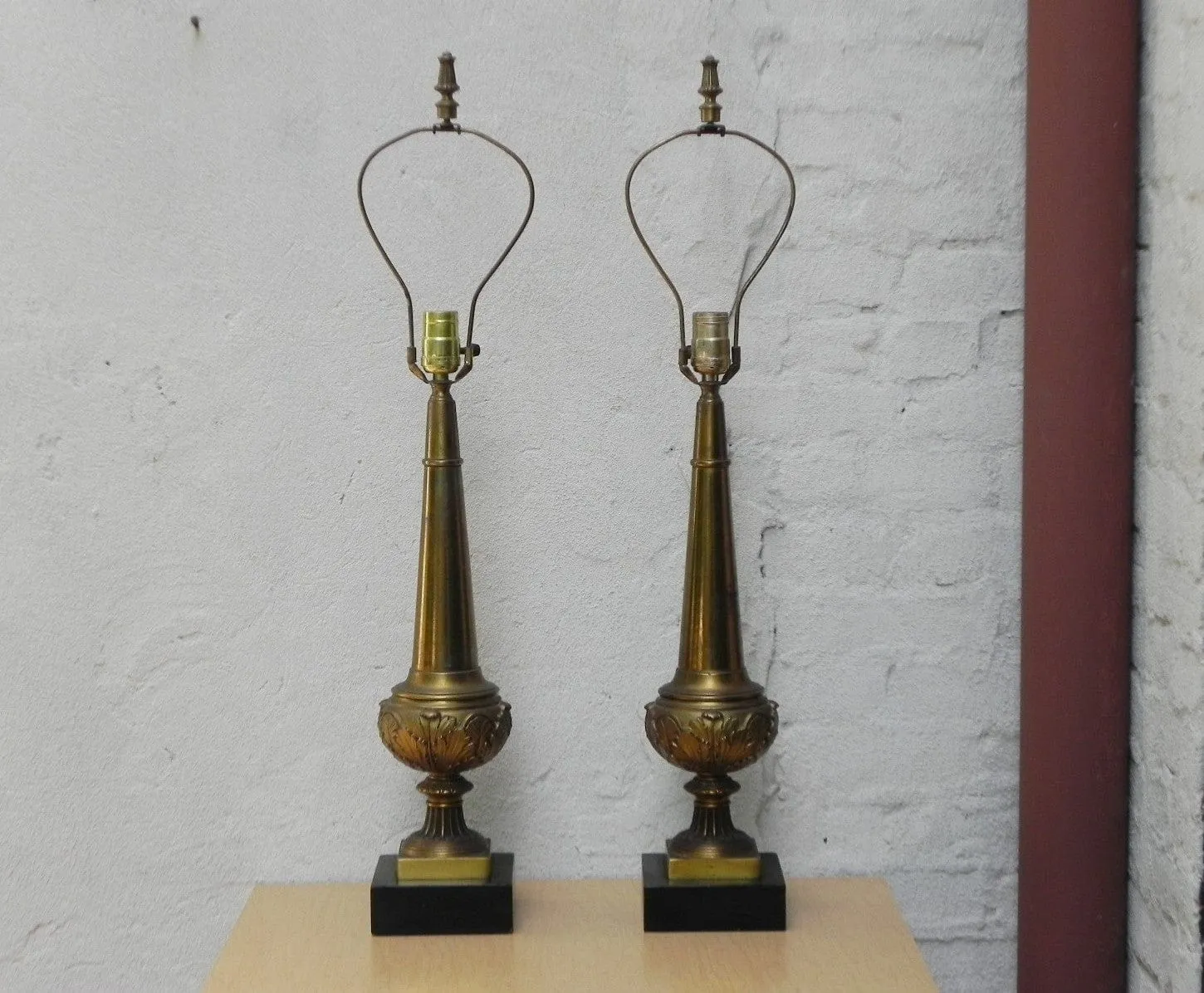 Pair Stiffel Cast Brass Neo Classical Obelisk Table Lamps