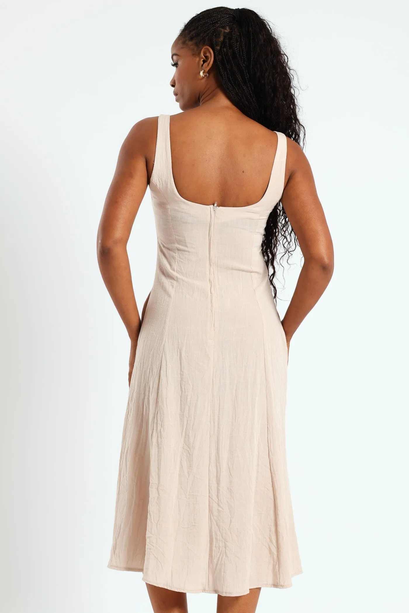 Pannelled Fit & Flare Linen Midi Dress - Stone