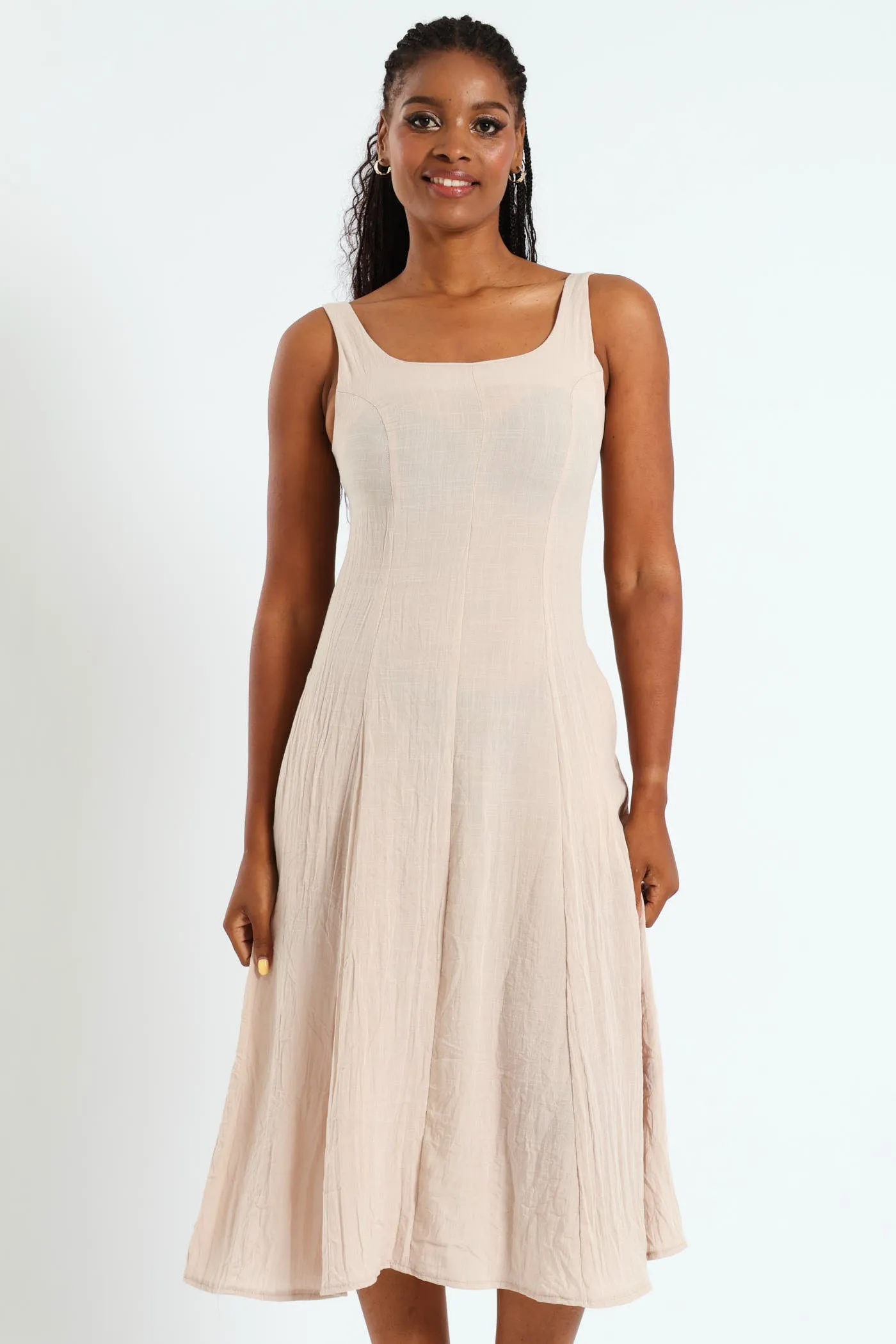 Pannelled Fit & Flare Linen Midi Dress - Stone