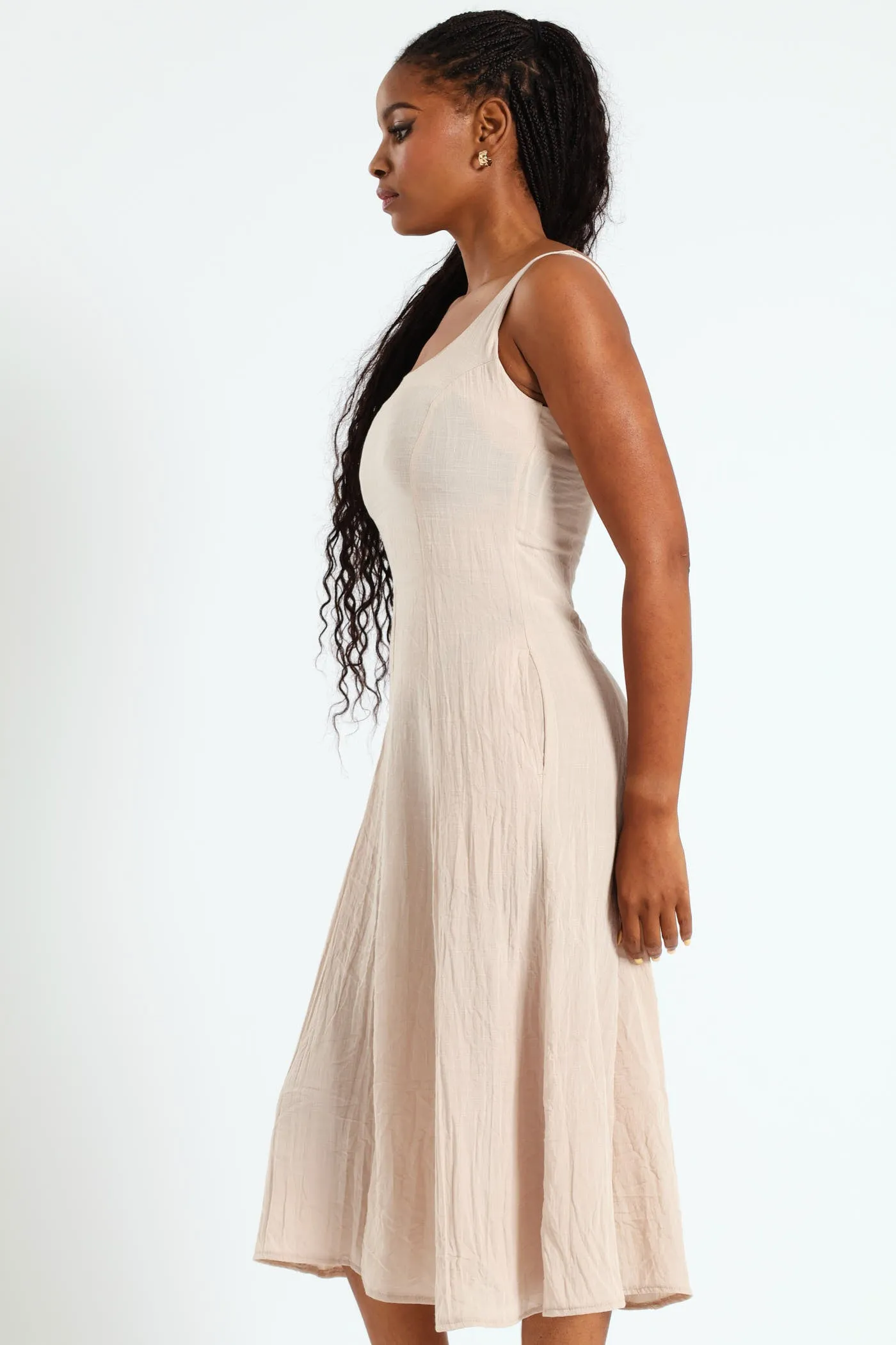 Pannelled Fit & Flare Linen Midi Dress - Stone