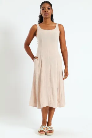 Pannelled Fit & Flare Linen Midi Dress - Stone