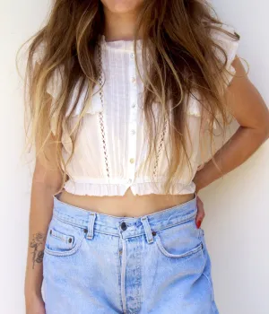 Pearl Button Ruffle Elastic Waist Sleeveless Crop Top