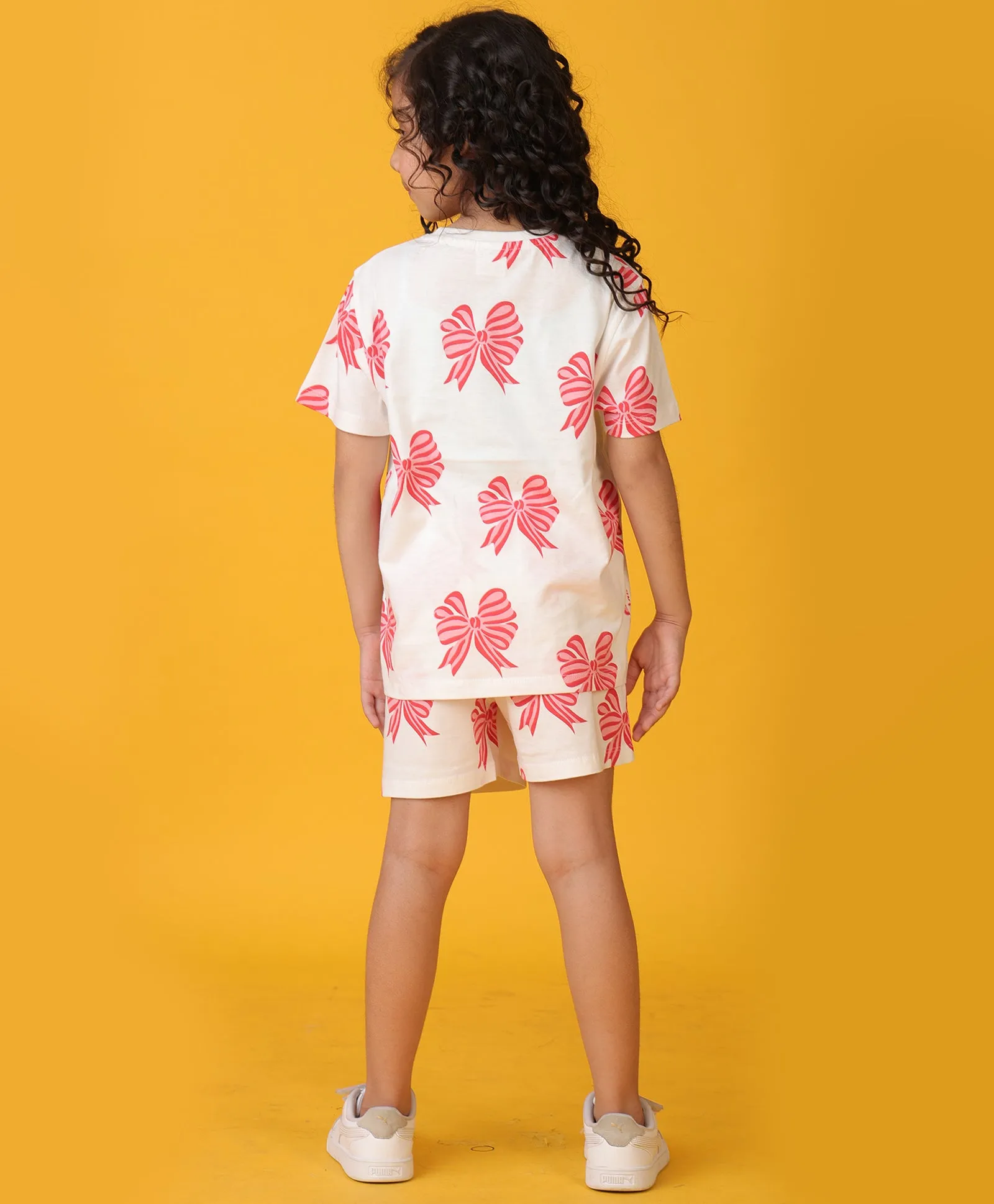 PINK RED BOW SHORTS SET - WHITE