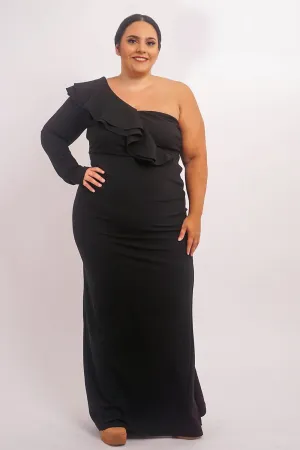 Plus Black  One  Shoulder Ruffle  Gown