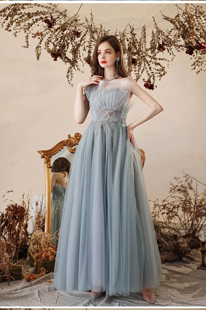 Princess Misty Blue Strapless A-line Long Formal Dress