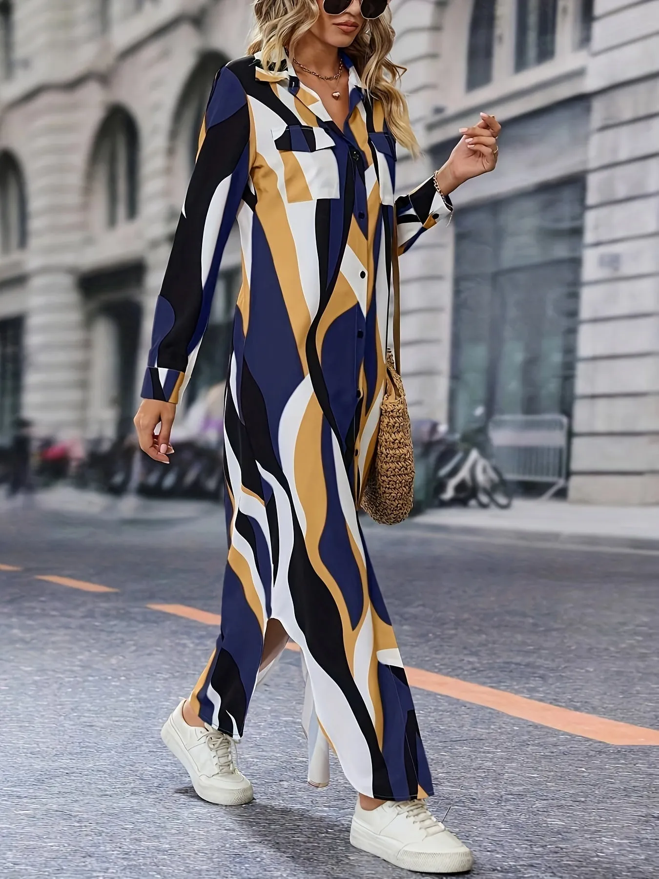 Printed Shirt Dress With Collar and Long Sleeves