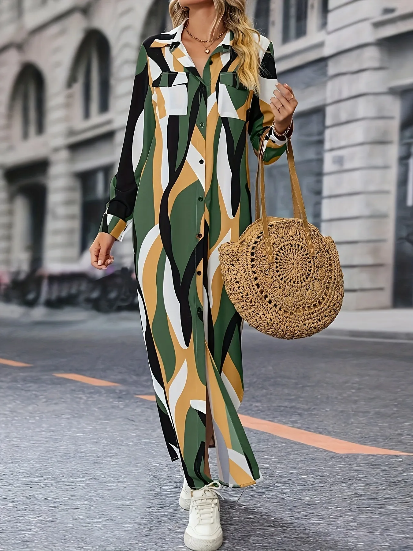 Printed Shirt Dress With Collar and Long Sleeves
