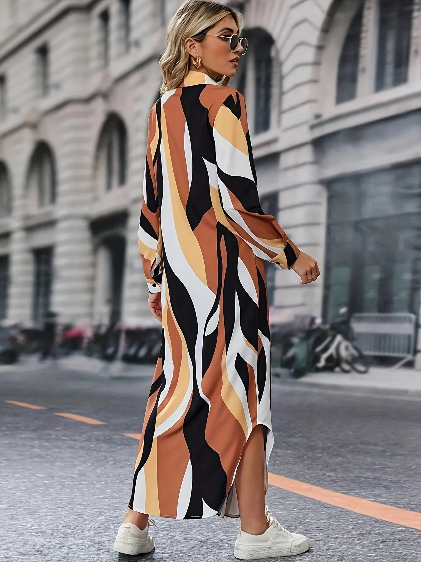 Printed Shirt Dress With Collar and Long Sleeves
