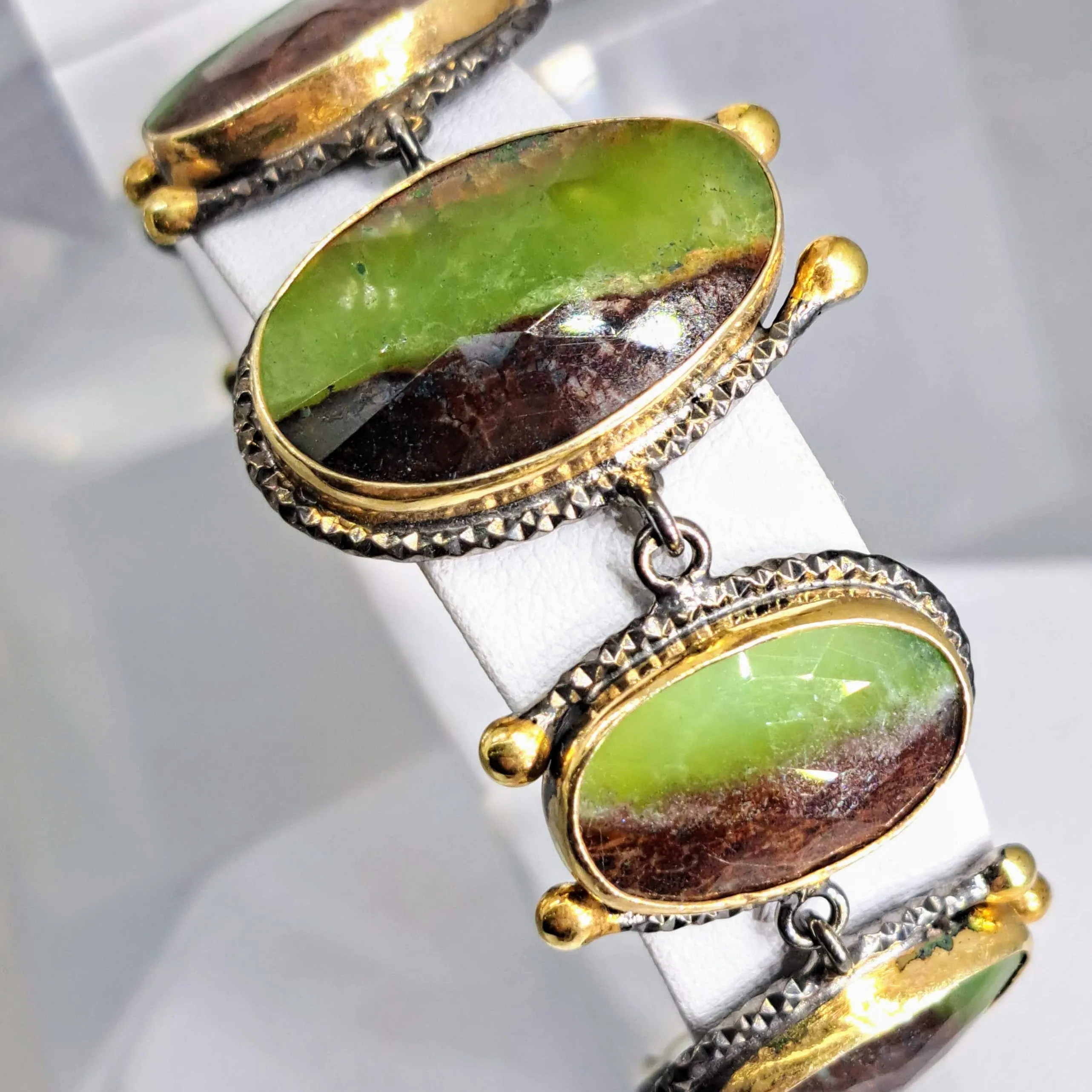 "Summer Greens"  6.5"-7" Bracelet - Chrysoprase, Black Sterling, 18k Accents