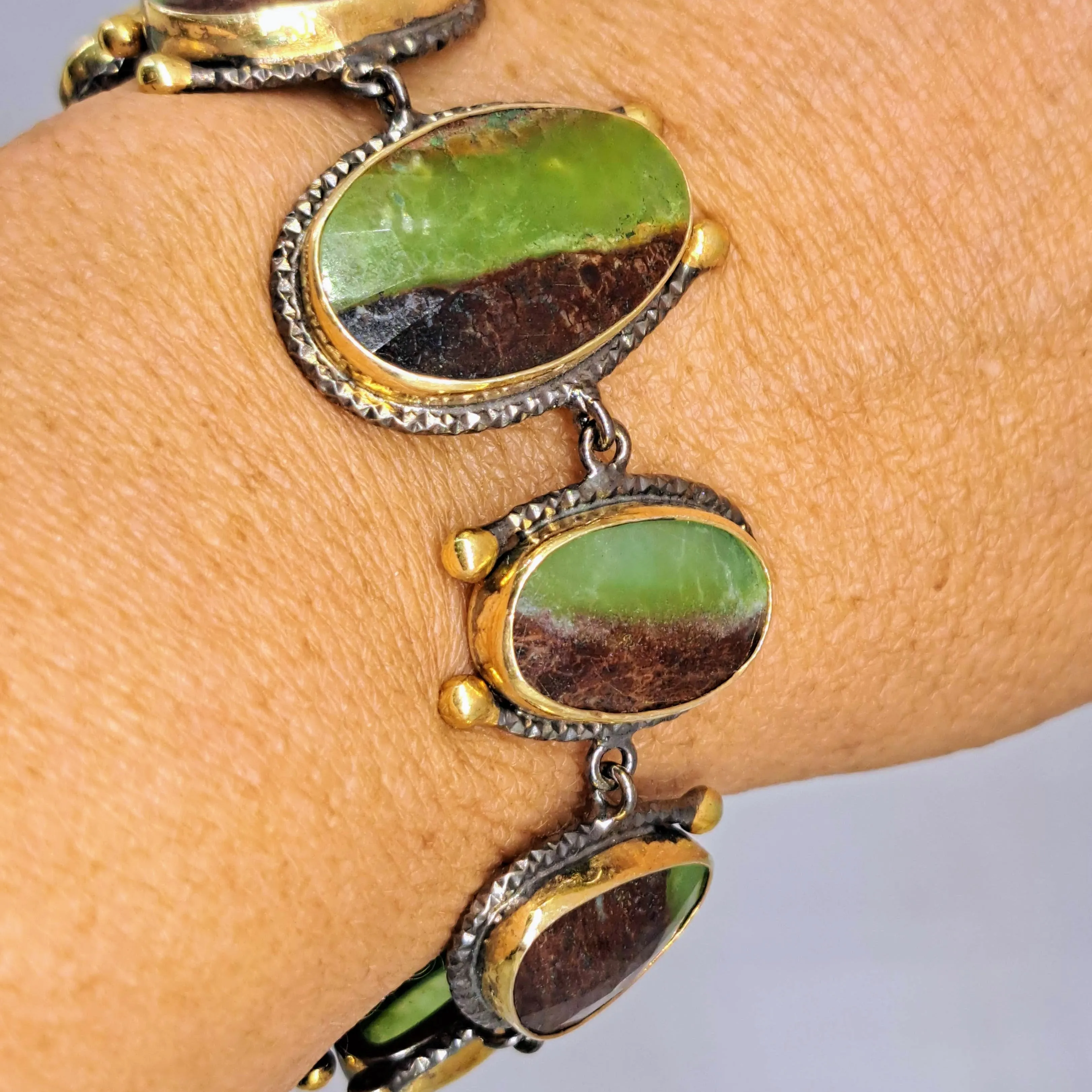 "Summer Greens"  6.5"-7" Bracelet - Chrysoprase, Black Sterling, 18k Accents