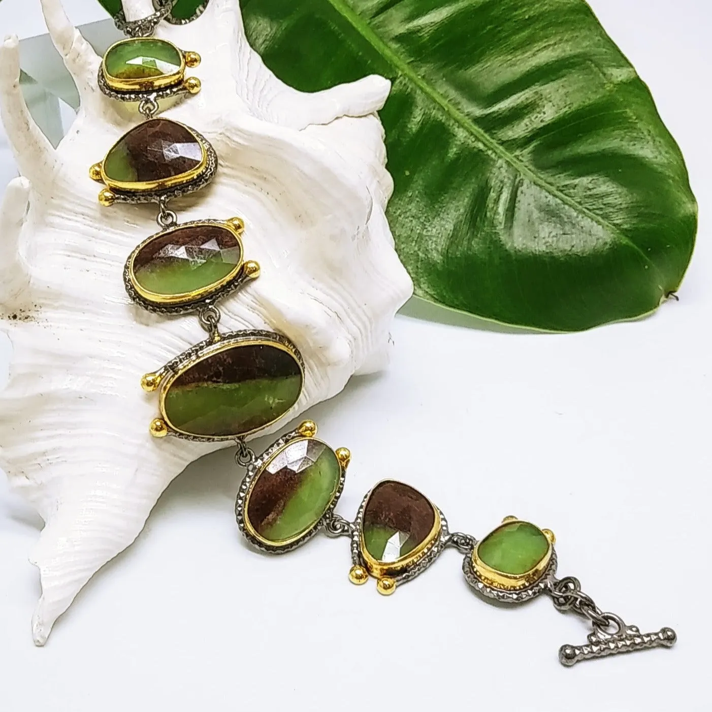 "Summer Greens"  6.5"-7" Bracelet - Chrysoprase, Black Sterling, 18k Accents