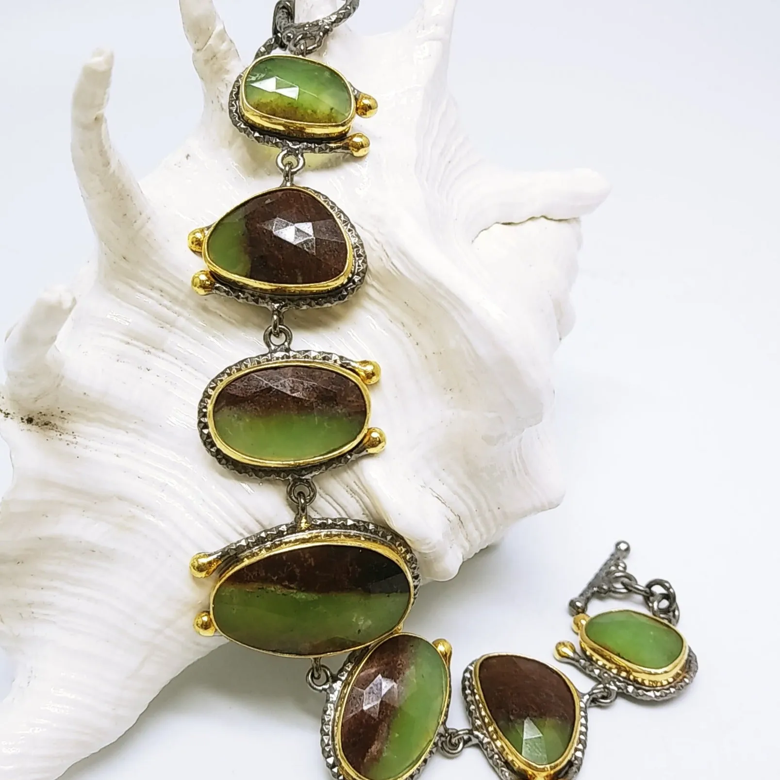 "Summer Greens"  6.5"-7" Bracelet - Chrysoprase, Black Sterling, 18k Accents