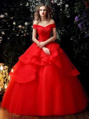 Red Lace Tulle Ruffles Wedding Dress in Color