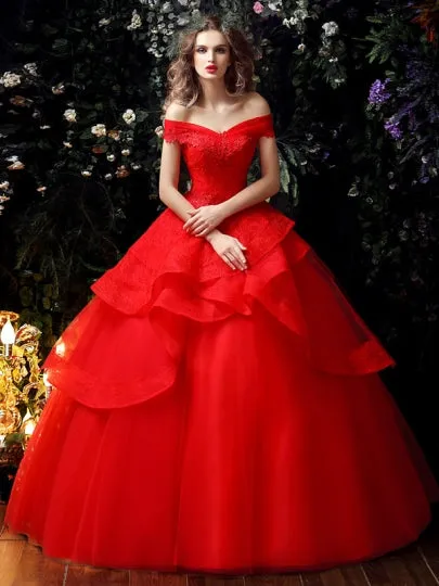 Red Lace Tulle Ruffles Wedding Dress in Color