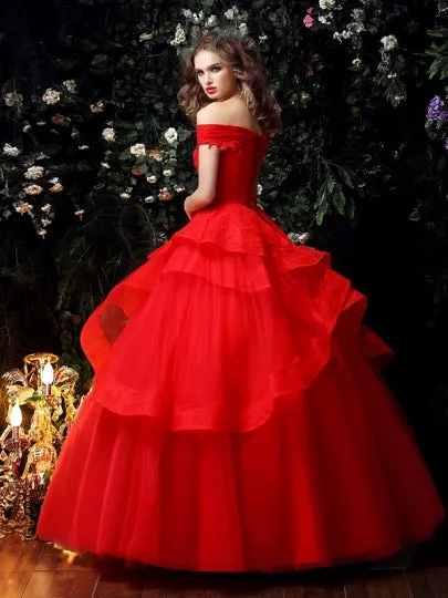Red Lace Tulle Ruffles Wedding Dress in Color
