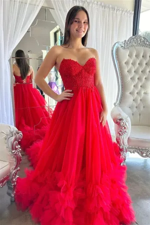 Red Sweetheart Lace Appliques Tull A-line Formal Dress