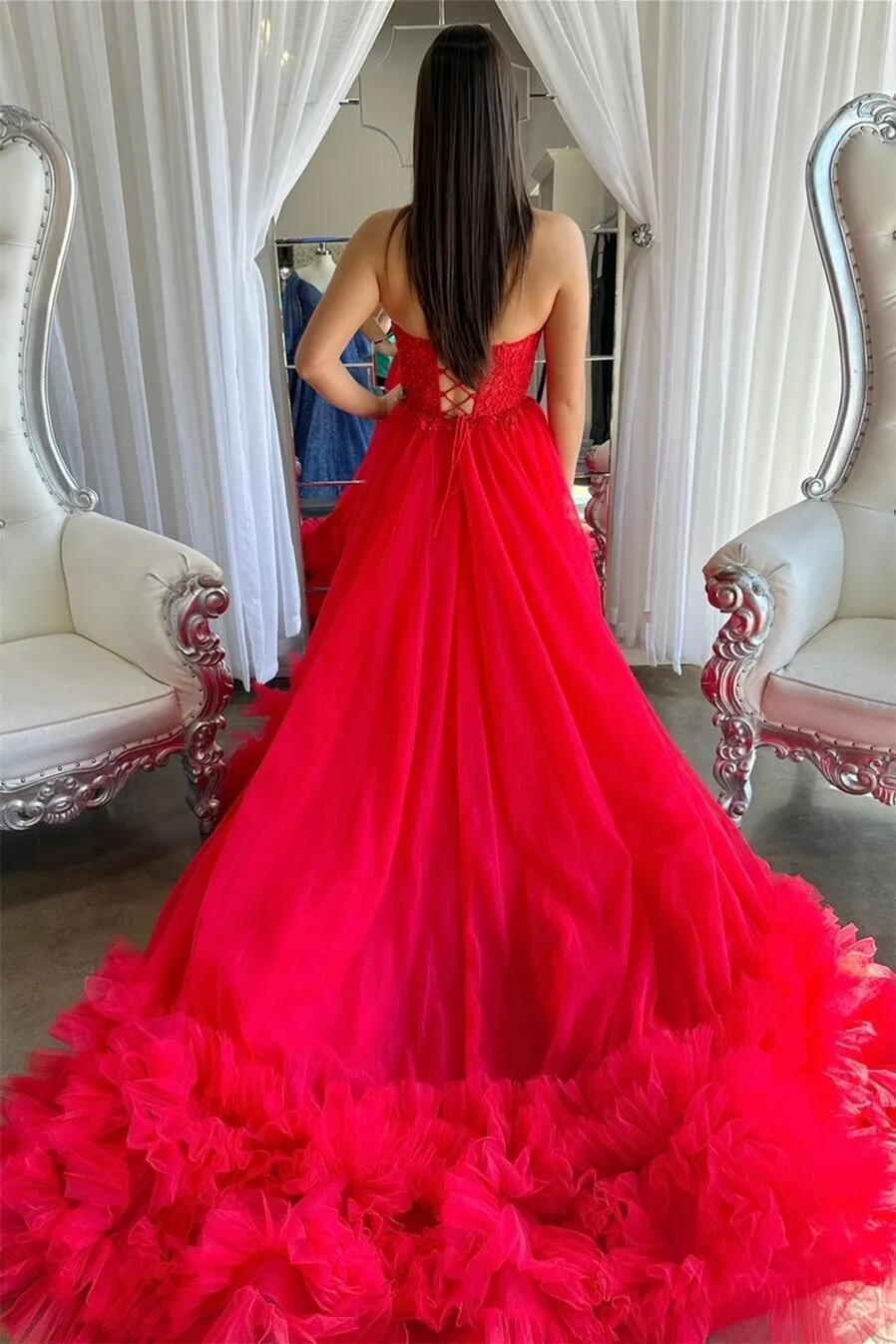 Red Sweetheart Lace Appliques Tull A-line Formal Dress