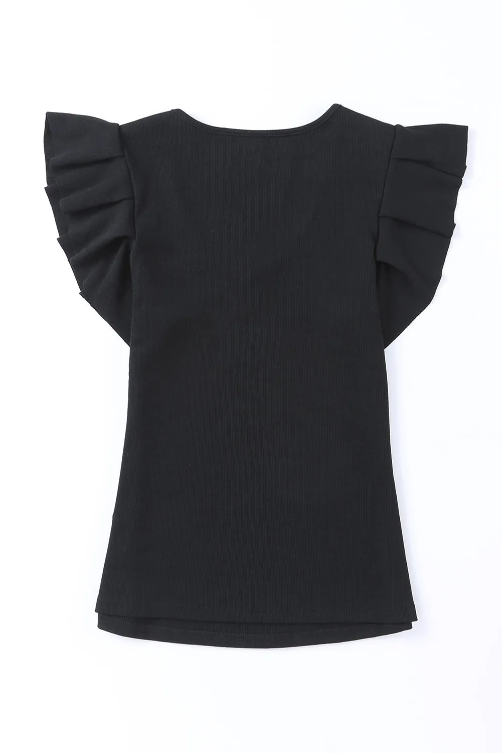Rib Knitted Ruffle Sleeve U Neck Top