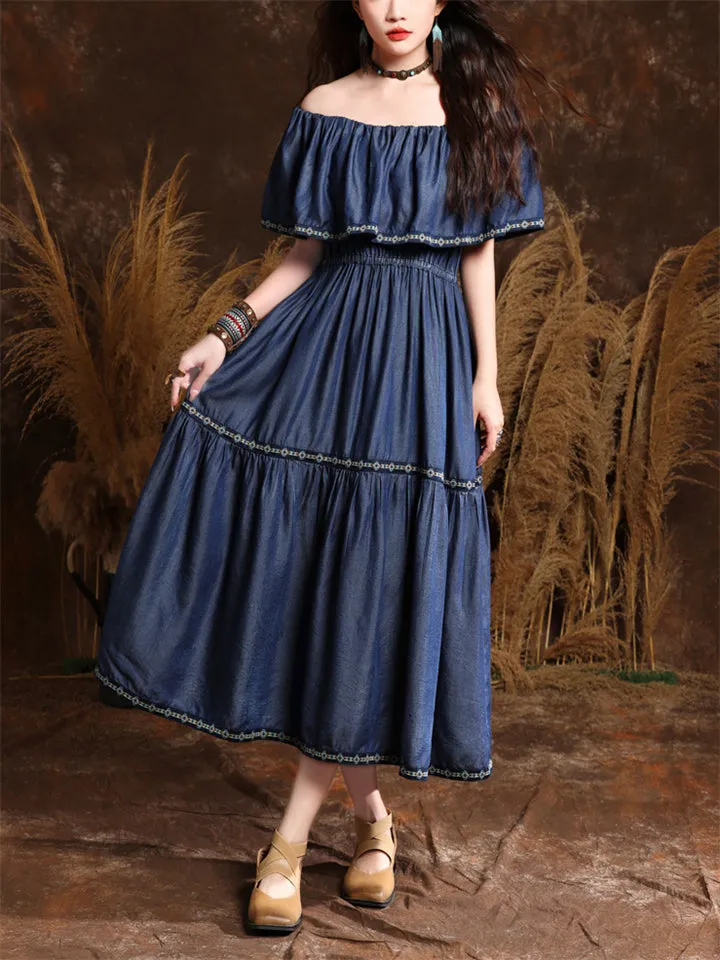 Romantic Off Shoulder Ruffles Patchwork Denim Dress for Women