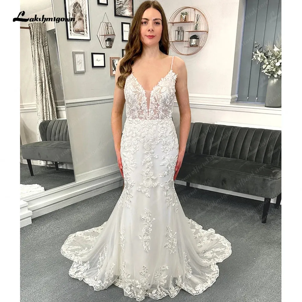 Roycebridal Lace Mermaid Wedding Gowns for Women 2025 Plunging Sexy Bridal Boho Wedding Dresses Cut Out Court Train