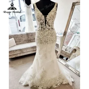 Roycebridal Sexy Deep V Neck Lace Appliques Backless Mermaid/Trumpet Wedding Dress Sweep Train 2025 Robe Civil Wedding Gowns Vestidos Longos