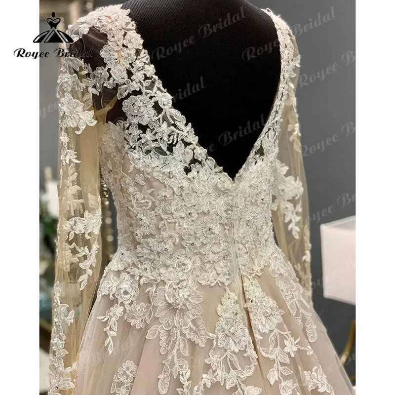 Roycebridal Vintage Long Sleeve Lace Appliques Beadings V Neck Wedding Dress Backless Custom Made Boho Garden Long Bridal Gown