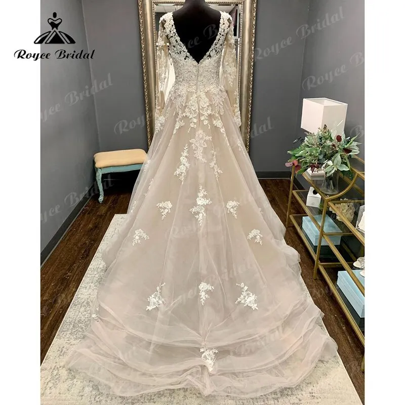Roycebridal Vintage Long Sleeve Lace Appliques Beadings V Neck Wedding Dress Backless Custom Made Boho Garden Long Bridal Gown