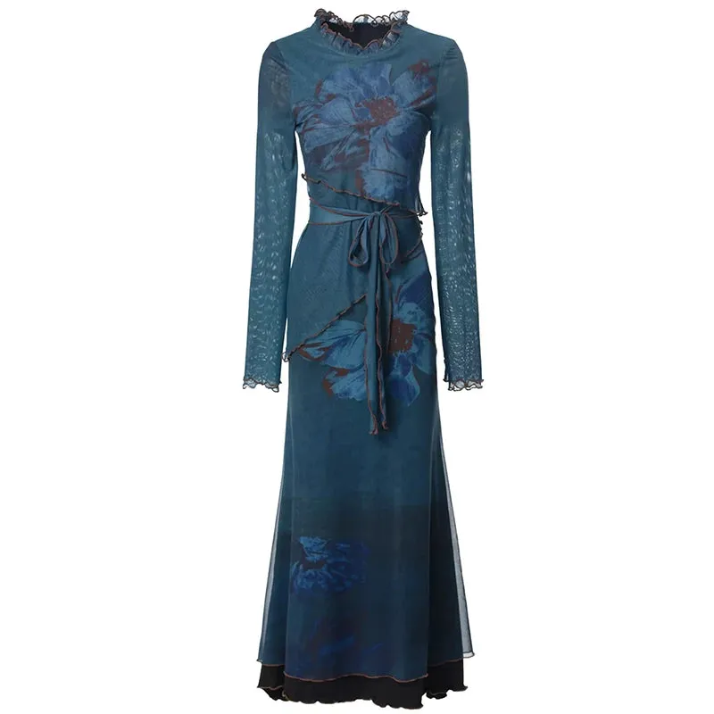 Ruth O-Neck Long Sleeves Ruffles Lace-up Floral Print Vintage Mesh Dress