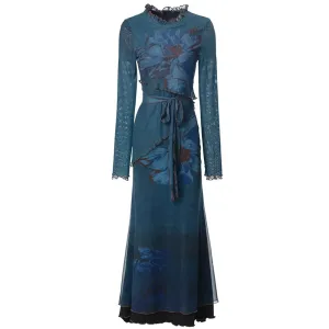 Ruth O-Neck Long Sleeves Ruffles Lace-up Floral Print Vintage Mesh Dress